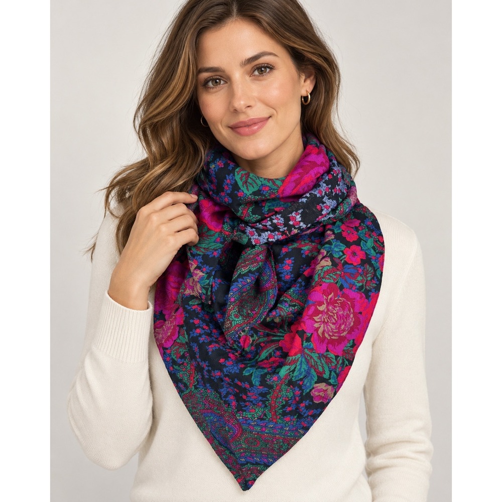 Floral Wildrag Scarf Triangle Black Magenta Floral Paisley Boho Shawl Neck Wrap